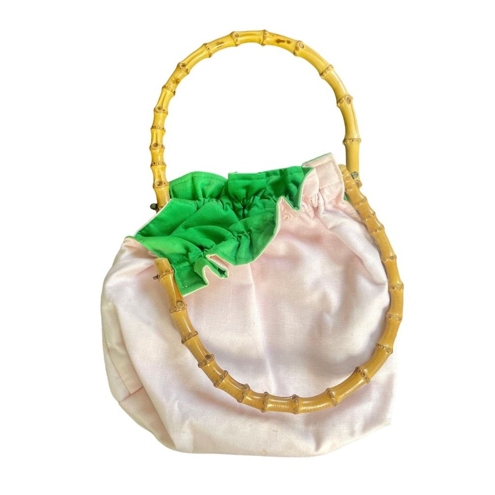 Vintage 1970s Bamboo Handle Pink Handbag with Green lining retro shoulder bag 70